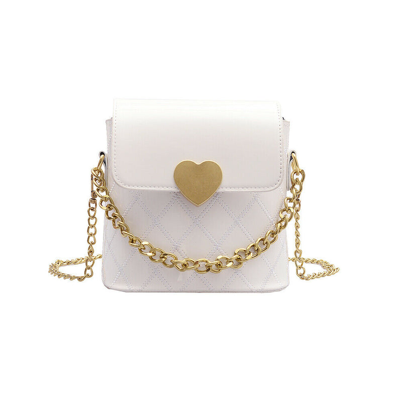 Women Bucket Shoulder Bag Leather Love Buckle Chain Crossbody Bags (White) A