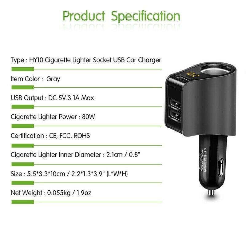 Hy10 3.1A 3 Usb Fast Charging Car Phone Charger Adapter With Volmeter Cigar H7D9