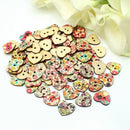100 Pcs Mixed Printed Flower Heart Shape Wooden Sewing Buttons Scrapbooking DIY