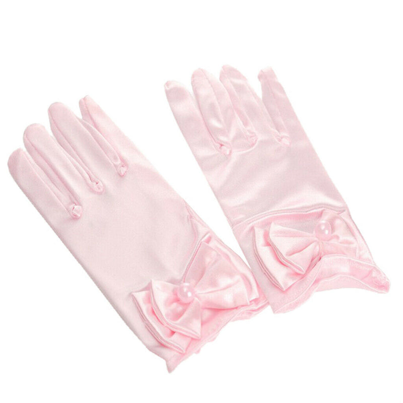 2 Pairs Girls Satin Princess Gloves Wedding Bow Party Gloves Wrist Length