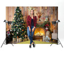 Photo Backdrop Christmas Tree Fireplace Plank Background Cloth for Video