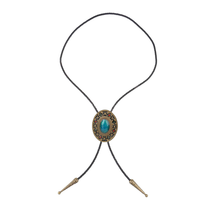 Men Bolo Tie Necklace Turquoise Stone Western Cowboy PU Leather Rope Necktie