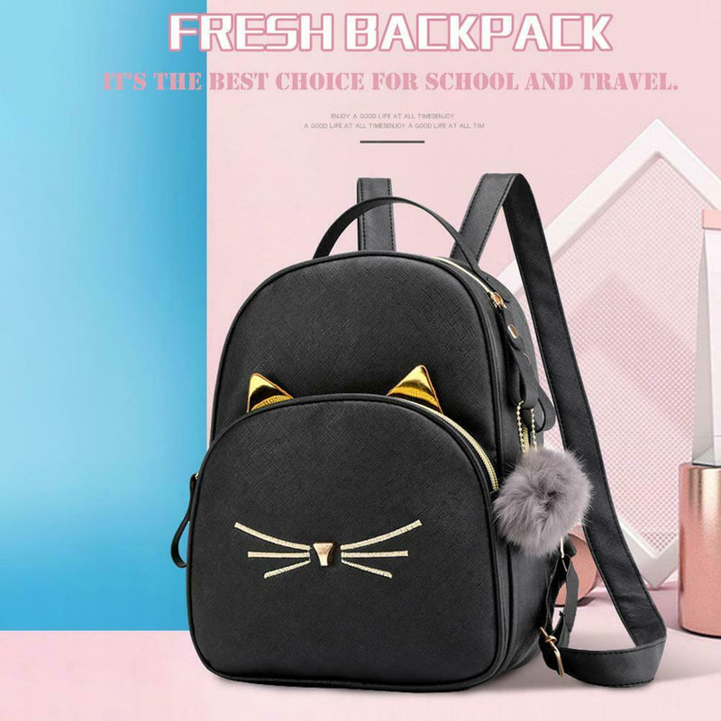 Teenagers Backpack PU Leather Shoulder Bag School Bags Girls Cat Square Satc
