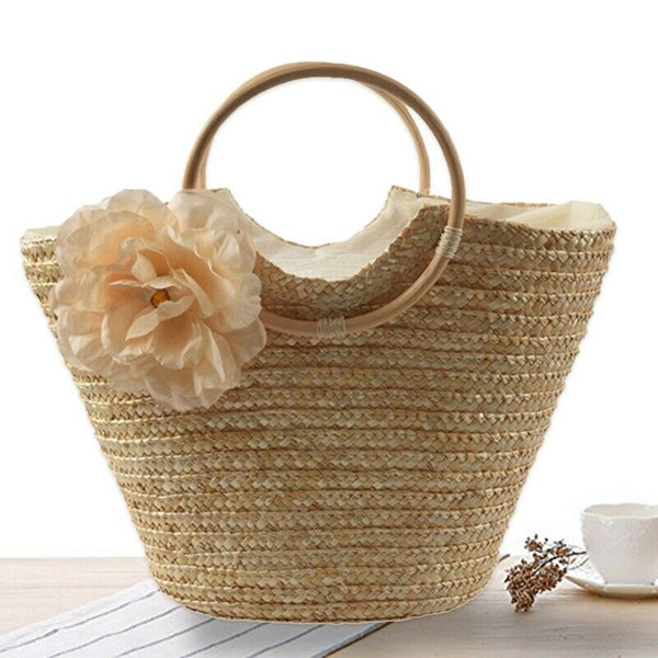 Women's Straw Handbag Flower Woven Summer Beach Messenger Tote Bag Basket S W8N4
