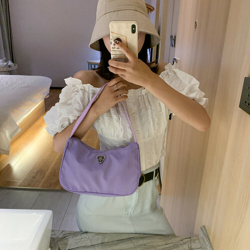 Women Nylon Totes Shoulder Bag Simple Female Street Zipper Handbag (Purple)