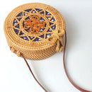 Women Handwoven Rattan Round Bag Shoulder Leather Straps For Outdoor Leisur