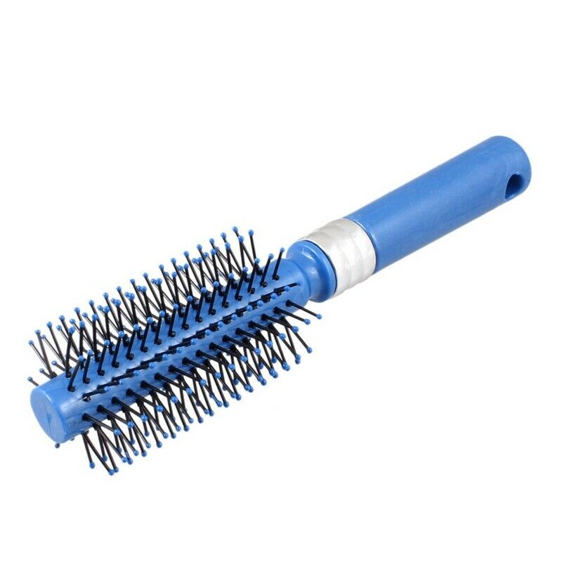 Blue Plastic Handgrip Curly Hair Styling Round Bristles Brush Comb V6W6