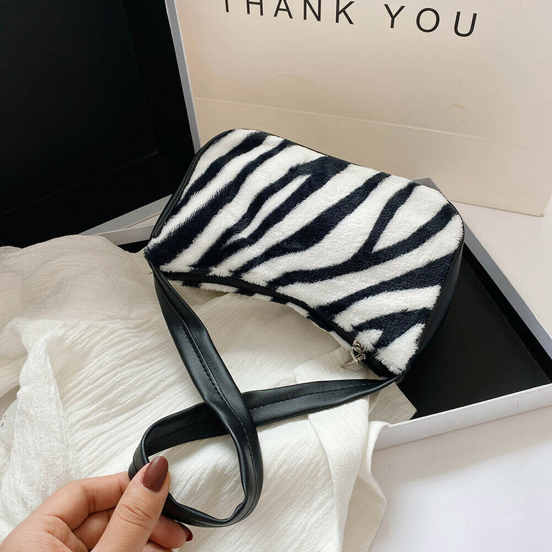 Women Plush Shoulder Underarm Bag Zebra Printed Fashion Winter Handbag (3)