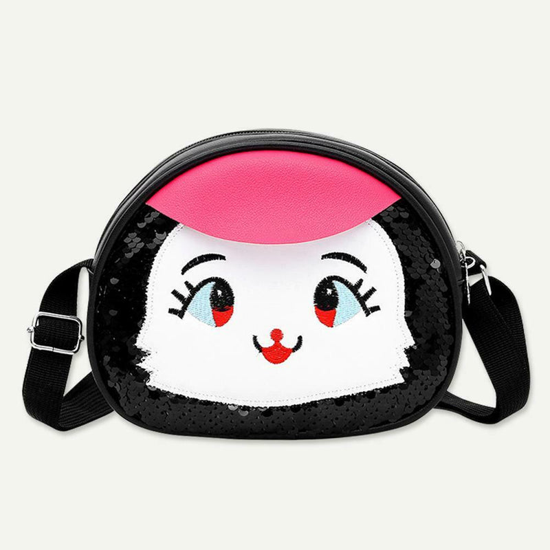Cartoon Print Bag Girl Kids Sequins Shoulder Messenger Leather Bags (Black) A