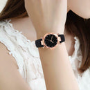 Women PU Leather Quartz Luxury Starry Sky Crystal Round Dial Watch (Black) A