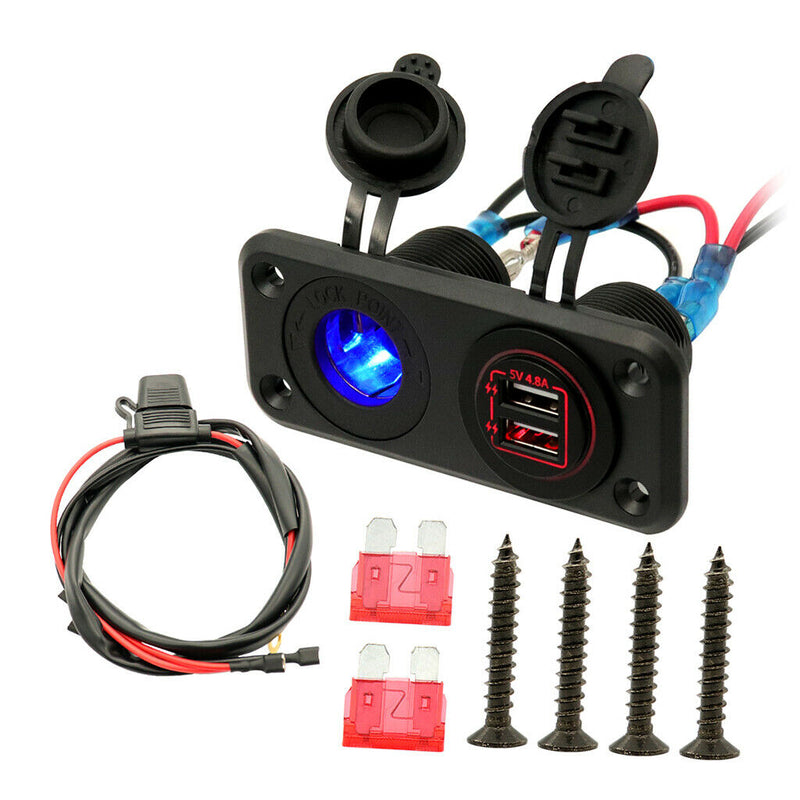 Dual USB Charger Socket Waterproof Power Outlet Fast Charge with Wire and Fuse