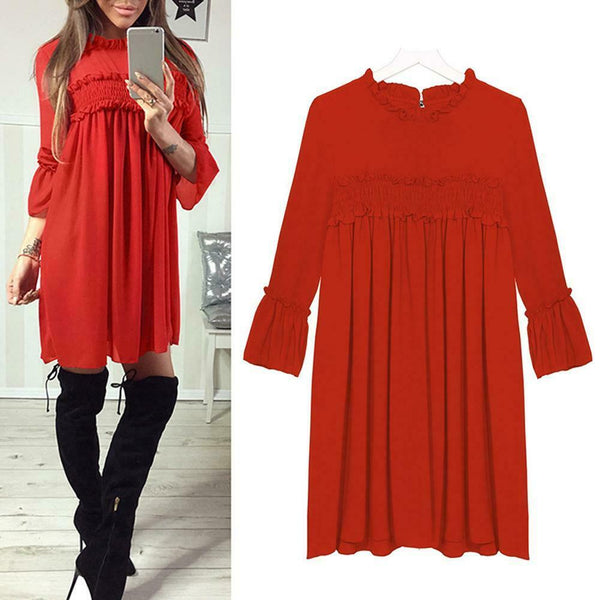 Solid Color Loose Straight Dress Pleated Women Chiffon Dresses (Red S) A#S