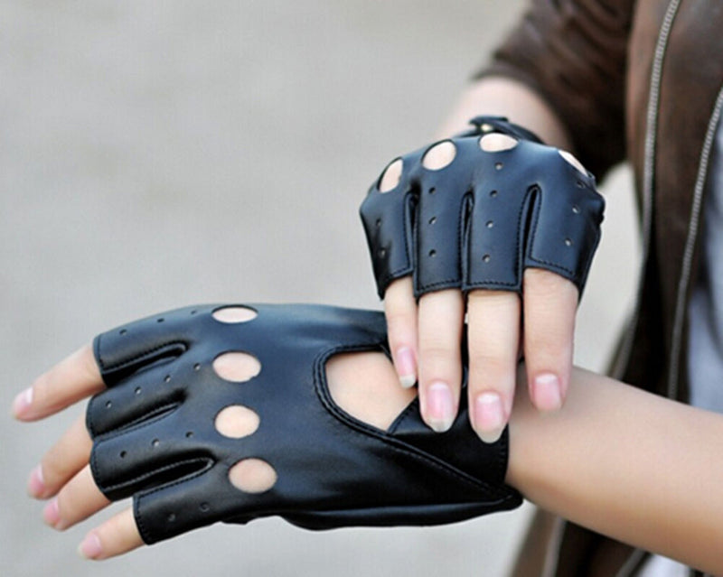 Lady PU Leather Mittens Fingerless Fad Punk Motorcycle Gloves Black B Cy