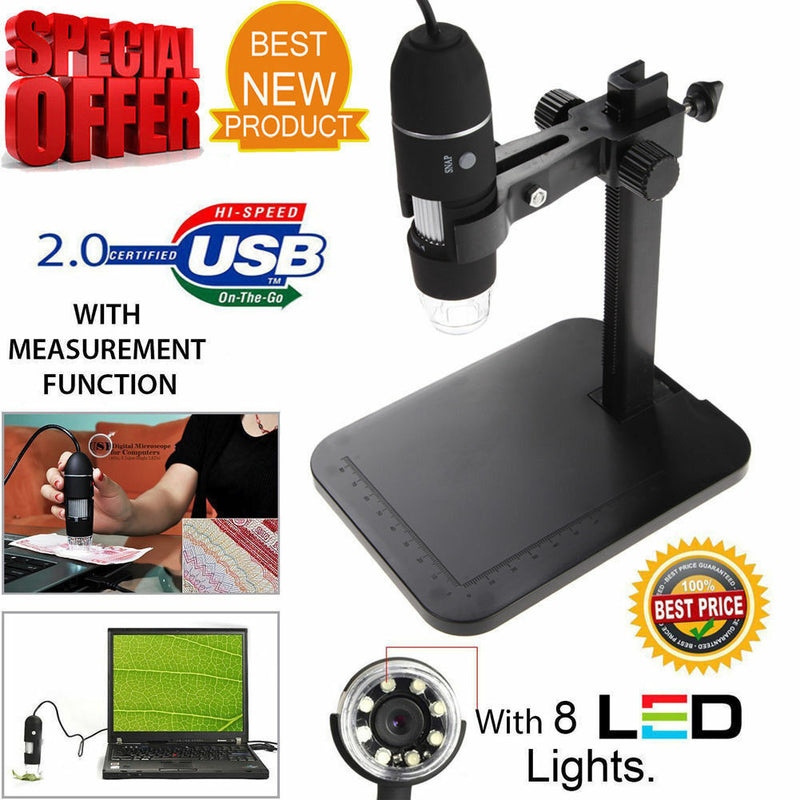 1000X 8 LED 2MP USB Digital Microscope EndoscopeMagnifier Camera + Lift Stand