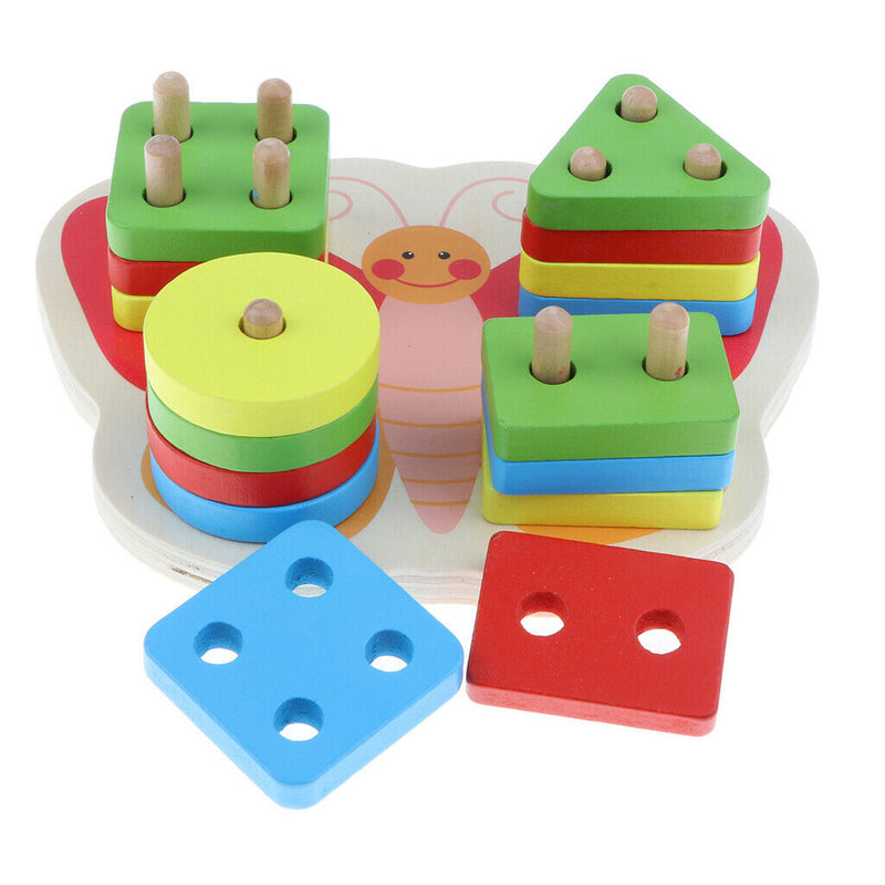 Wooden Geometric Blocks Column Shapes Color Puzzle Building Educational Toys