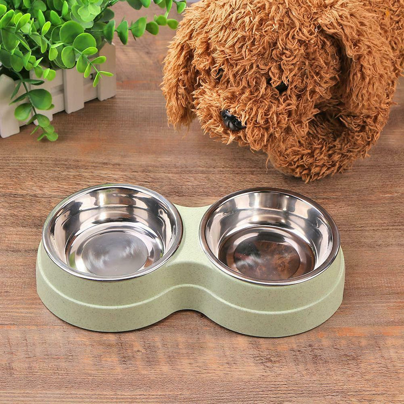 Dog Double Bowl Puppy Food Feeder Stainless Steel Pet Drinking Dish (Green) A