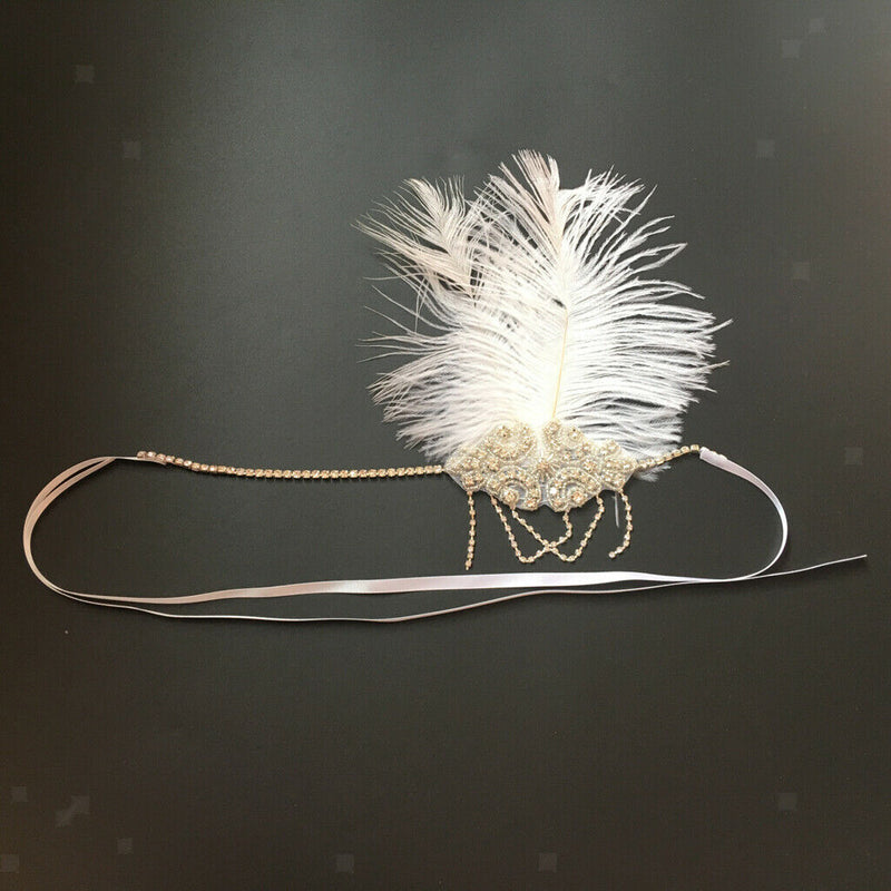 White Feather Flapper Headband w/Tassel 1920s Great   Bridal Headpiece