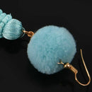 Women's Pom Pom Long Beaded Thread Tassel Drop Dangling Earrings Blue