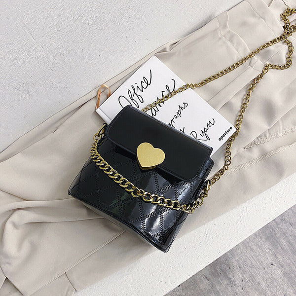 Women Bucket Shoulder Bag Leather Love Buckle Chain Crossbody Bags (Black)