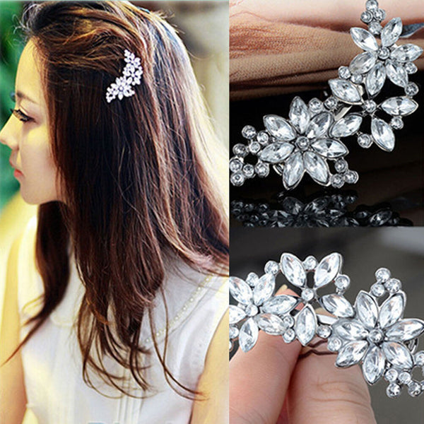 Women Bride Flower Headwear Rhinestone Barrette Crystal Hair Clip Bobby Pin OZ