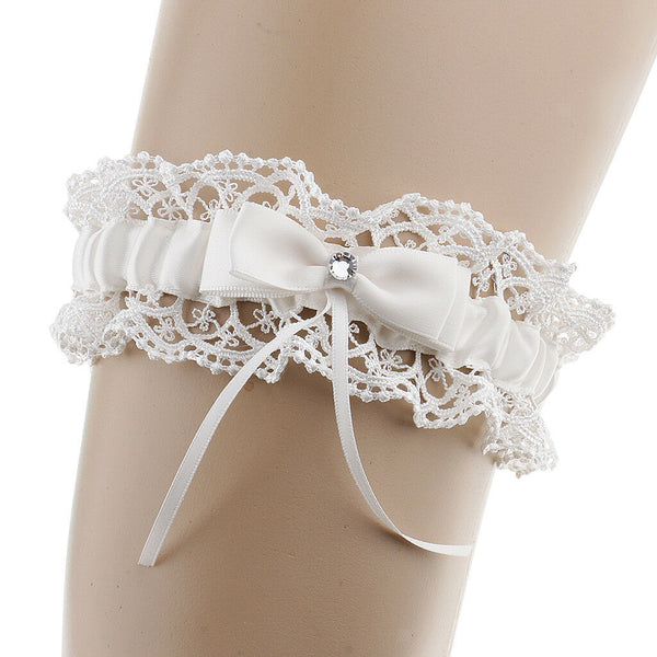 Wedding Celebration Bride Keepsake Beige Lace Crystal Bowknot Bridal Garter