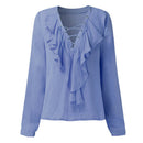 Women Autumn V-Neck Ruffles Pullover Comfortable Blouse Long Sleeve Shirt Tops