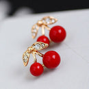 Fashion Women Red Cherry Rhinestone Ear Studs Beads Golden Alloy Leaves Earrings