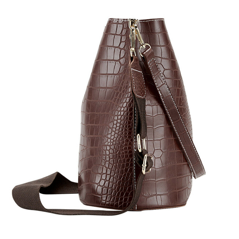 Crocodile PU Leather Women Shoulder Bag Messenger Bucket Handbag (Coffee) A