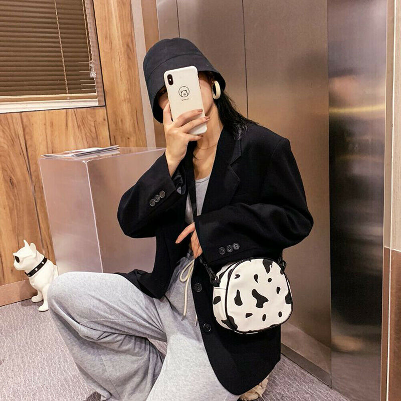 Casual Cow Printed Messenger Bag Women Canvas Small Round Shoulder Pouch