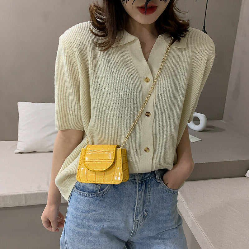 Pure Color Leather Mini Shoulder Bags Women Chain Messenger Bags (Yellow)