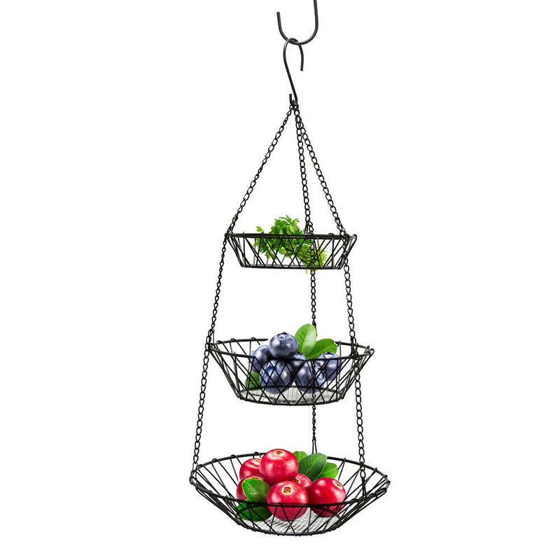 Plants Fruit Basket Pierced Country Style Home Space Saving Chain Hanging 3 Tier