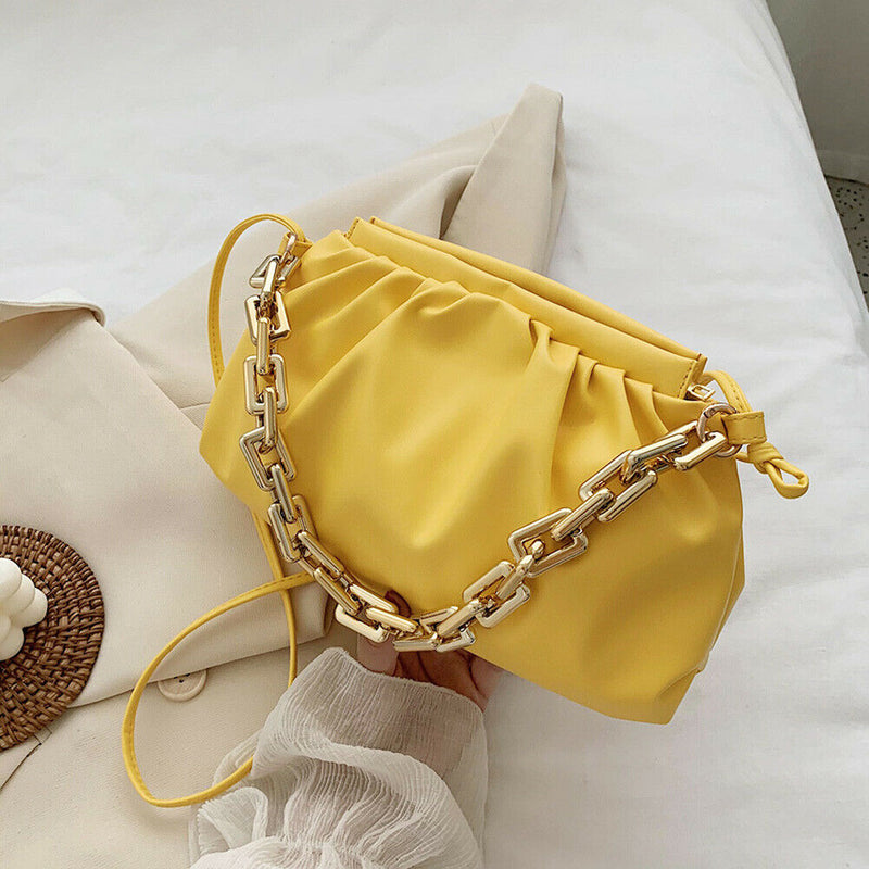 Women Pleated Shoulder Bag Chain Totes PU Cloud Messenger Handbag (Yellow)