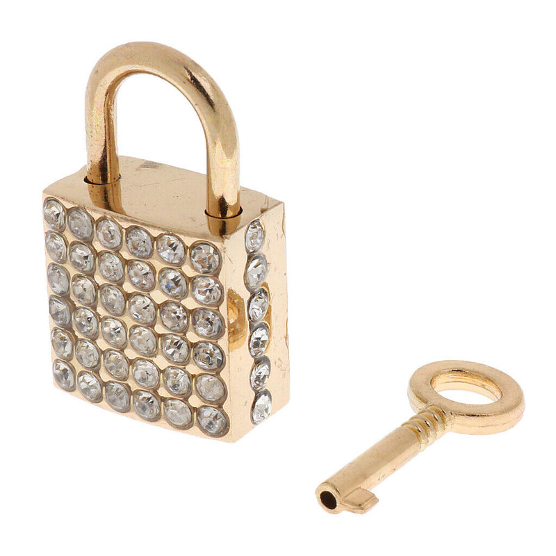 Diamante Square Shape Padlock with Key Travel Locker Set Pendant Golden