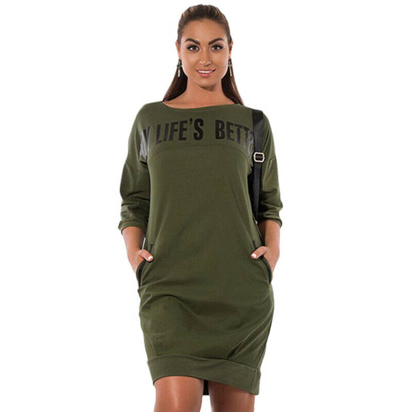 Autumn Winter Women's Large Size Dresses Casual Elegant Style Pockets Lette I6B7