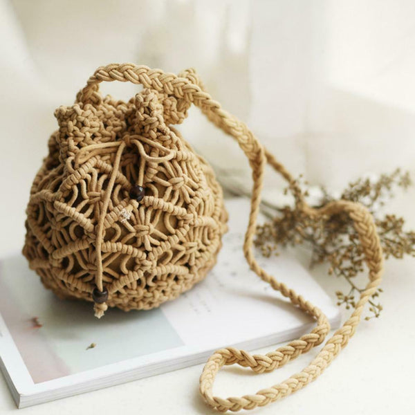 Woven Shoulder Drawstring Bucket Handbags Women Crossbody Bag (Light Brown)