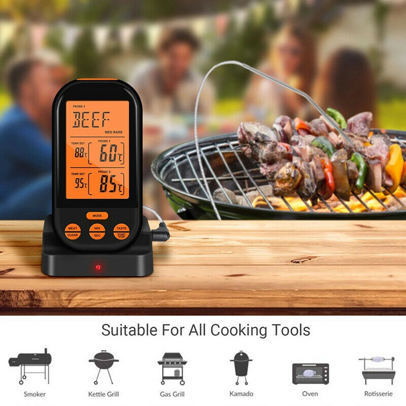 Wireless Remote Dual Probe Digital Meat Thermometer w/2 Probe For BBQ Oven Grill