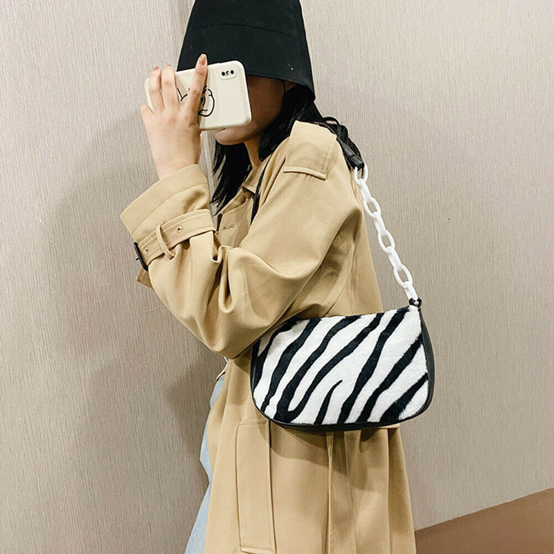 Plush Handbags Female Zebra Print Shoulder Underarm Bag Chain Purses (3)
