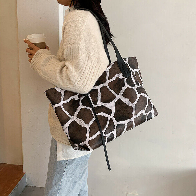 Women Leopard Handbags Fashion PU Leather Large Capacity Shoulder Tote Bag