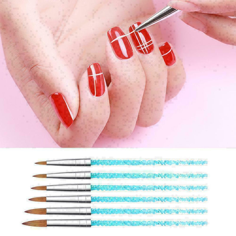 6Pcs/set Nylon Hair Nail Brush Blue Rhinestone Handle Kolinsky Acrylic Brus X3J0
