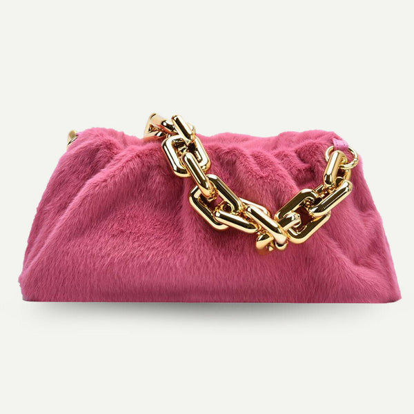 Women Cloud Handbags Plush Soft Thick Chain Shoulder Underarm Bags (Pink)