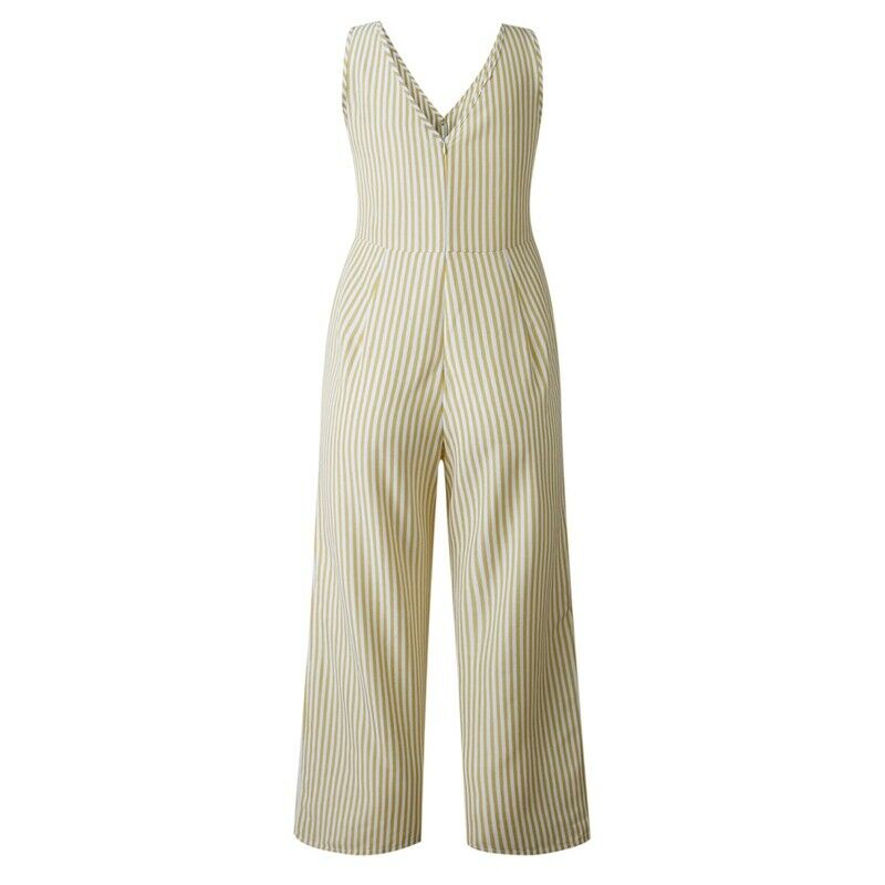 Fashion Women Striped Jumpsuit Backless Sleeveless Deep V Neck Button Jumps M2X6