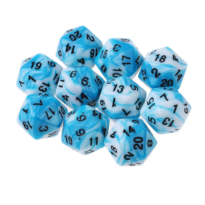 Set of 10 Blue White D20 Acrylic Dice for RPG D&D Gaming Twenty Sided Die