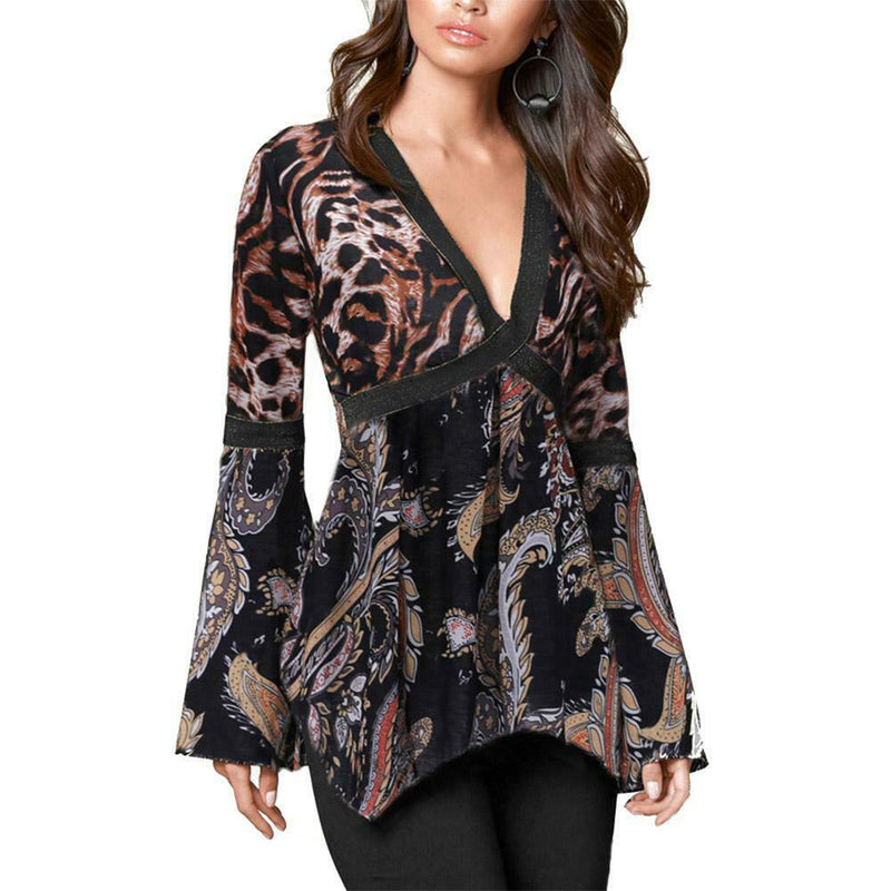 Sexy V-Neck Leopard Print Long Sleeve Women Daily Tops Blouse (Black M)