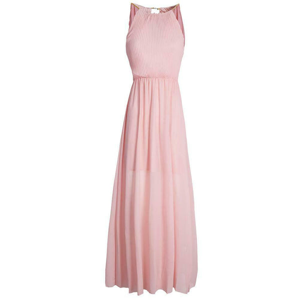 Sexy Women Dinner Party Halter Pleated Floor Length Long Dress Pink M A#S