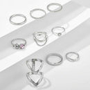 9pcs Geometric Rhinestone Flower Knuckle Ring for Women Streetwear Jewelry A