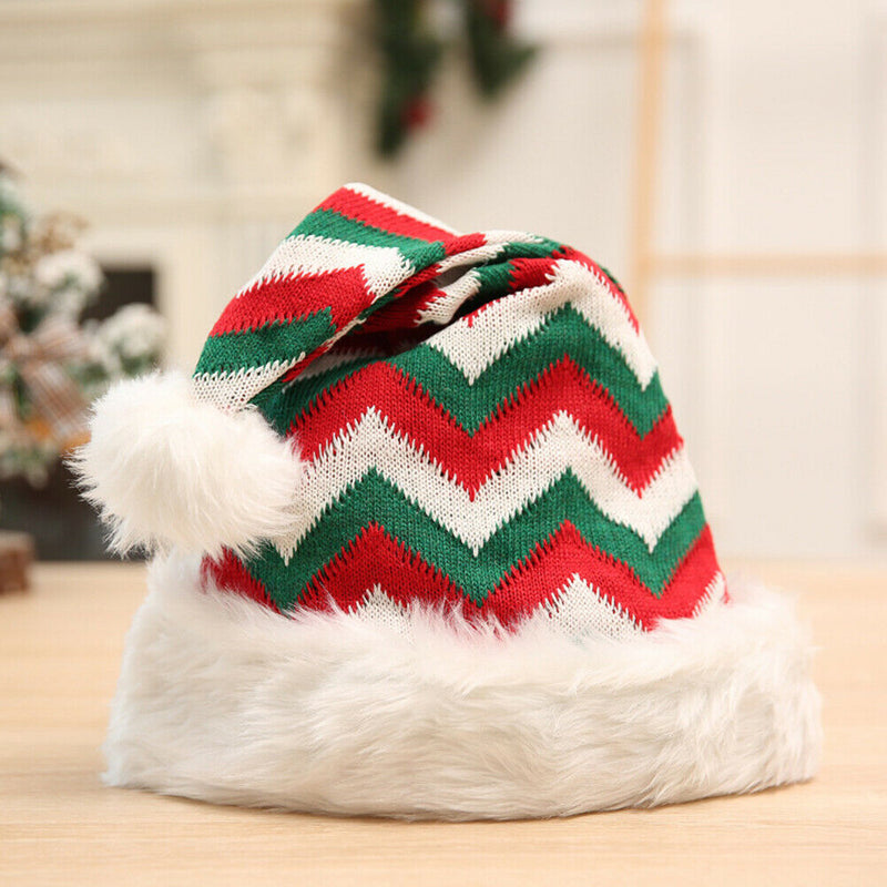 Knitted Christmas Hat Plush Striped Santa Claus Cap Gifts (Red Green White) A