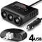 3-Way Car Cigarette Lighter Adapter 12V-24V Socket Splitter LED 4 USB Charger