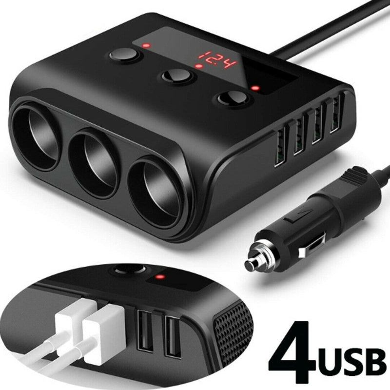 3-Way Car Cigarette Lighter Adapter 12V-24V Socket Splitter LED 4 USB Charger