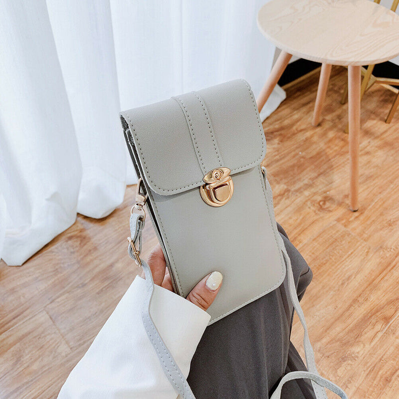 Women Touch Screen Phone Pouch PU Splicing PVC Crossbody Bag (Light Grey)