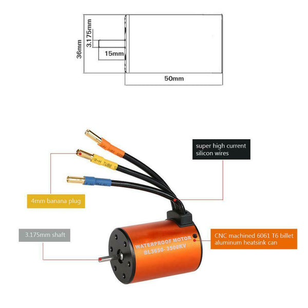Durable Waterproof 3650 3500KV Aluminium Alloy Brushless Motor for 1:10 RC